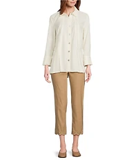 Multiples Crinkle Poplin Point Collar 3/4 Flip Back Cuff Fit & Flare Button-Front Shirt