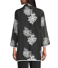 Multiples Crinkle Sheer All-Over Embroidery Point Collar 3/4 Sleeve Button Front Shirt