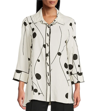 Multiples Crinkle Woven Embriordered Point Collar 3/4 Sleeve Hi-Low Hem Button-Front Shirt