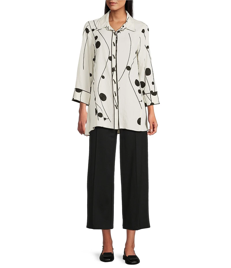 Multiples Crinkle Woven Embriordered Point Collar 3/4 Sleeve Hi-Low Hem Button-Front Shirt
