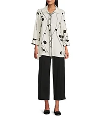 Multiples Crinkle Woven Embriordered Point Collar 3/4 Sleeve Hi-Low Hem Button-Front Shirt