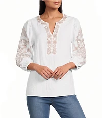 Multiples Crinkle Woven Embroidered Split Round Neck 3/4 Raglan Sleeve Top
