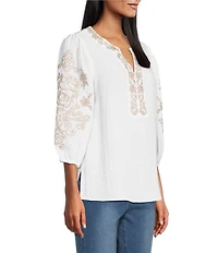 Multiples Crinkle Woven Embroidered Split Round Neck 3/4 Raglan Sleeve Top