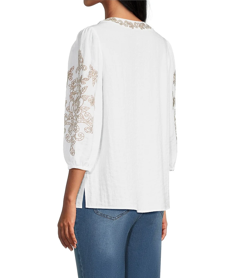 Multiples Crinkle Woven Embroidered Split Round Neck 3/4 Raglan Sleeve Top