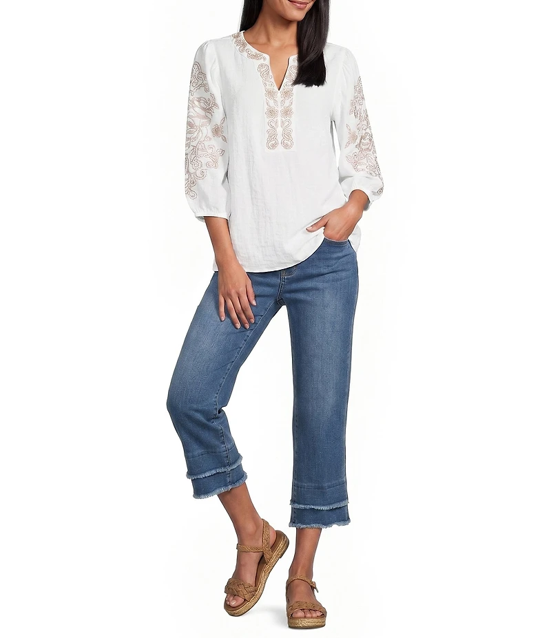 Multiples Crinkle Woven Embroidered Split Round Neck 3/4 Raglan Sleeve Top