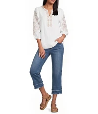 Multiples Crinkle Woven Embroidered Split Round Neck 3/4 Raglan Sleeve Top