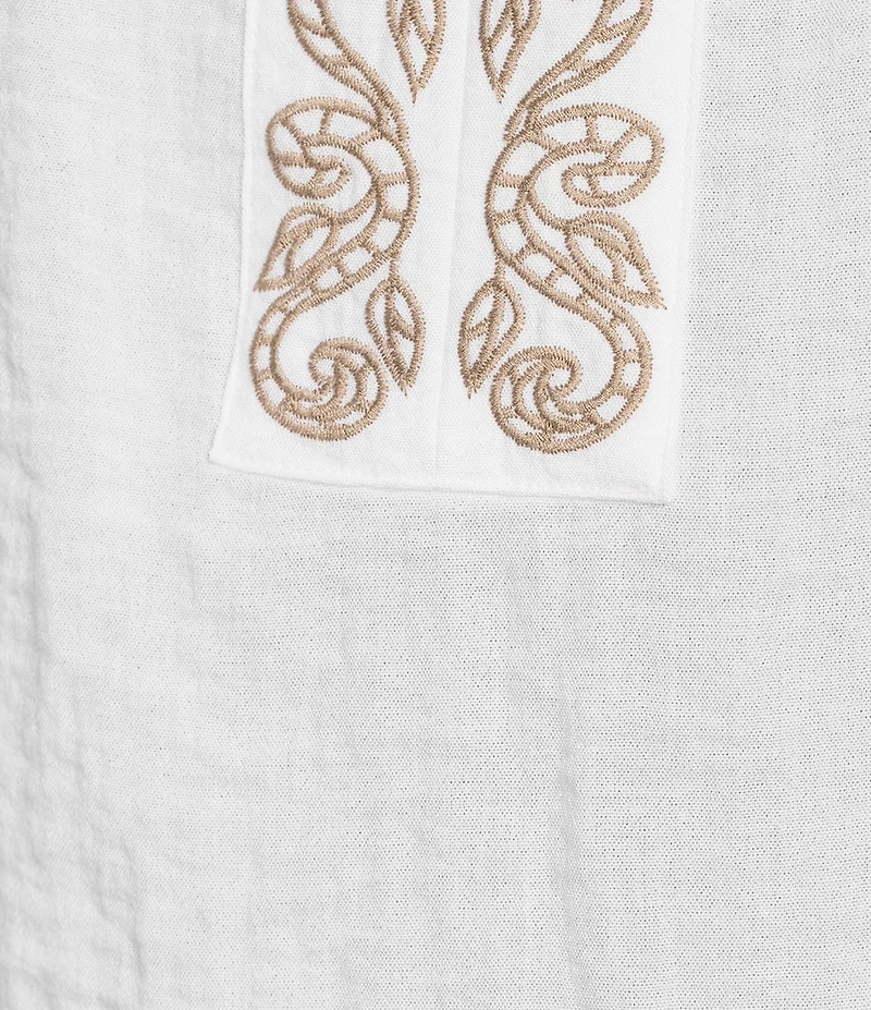 Multiples Crinkle Woven Embroidered Split Round Neck 3/4 Raglan Sleeve Top