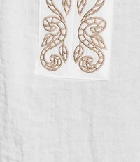 Multiples Crinkle Woven Embroidered Split Round Neck 3/4 Raglan Sleeve Top