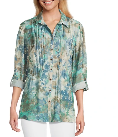 Multiples Crinkle Woven Printed Point Collar 3/4 Cinched Roll Tab Cuff Sleeve Button Front Shirt