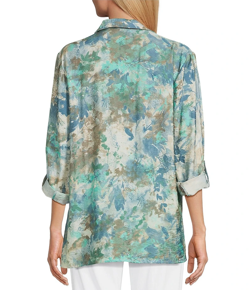 Multiples Crinkle Woven Printed Point Collar 3/4 Cinched Roll Tab Cuff Sleeve Button Front Shirt