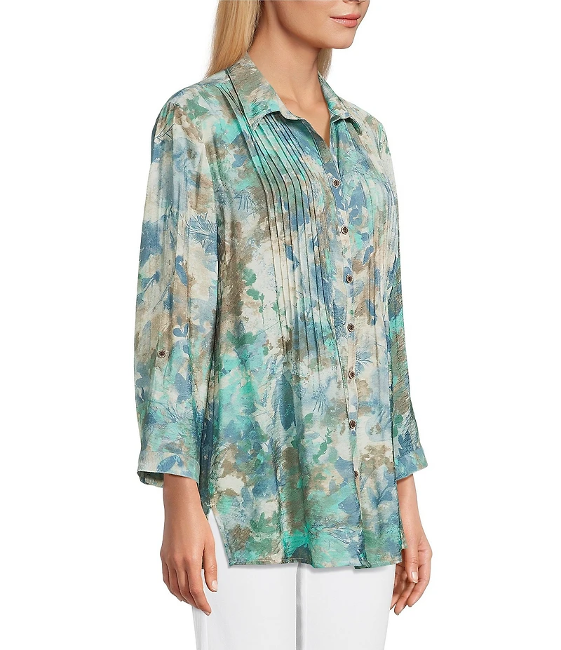 Multiples Crinkle Woven Printed Point Collar 3/4 Cinched Roll Tab Cuff Sleeve Button Front Shirt