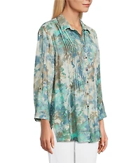 Multiples Crinkle Woven Printed Point Collar 3/4 Cinched Roll Tab Cuff Sleeve Button Front Shirt