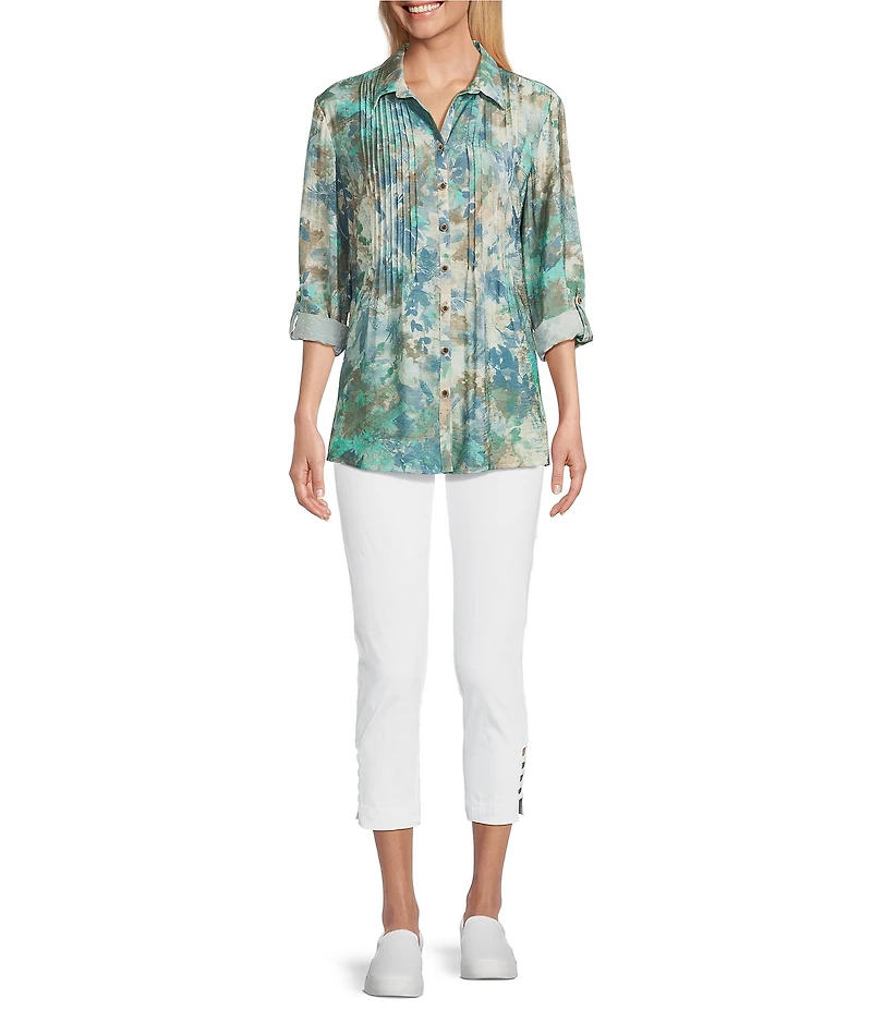 Multiples Crinkle Woven Printed Point Collar 3/4 Cinched Roll Tab Cuff Sleeve Button Front Shirt