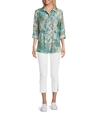 Multiples Crinkle Woven Printed Point Collar 3/4 Cinched Roll Tab Cuff Sleeve Button Front Shirt