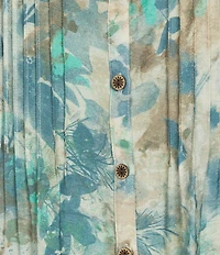 Multiples Crinkle Woven Printed Point Collar 3/4 Cinched Roll Tab Cuff Sleeve Button Front Shirt
