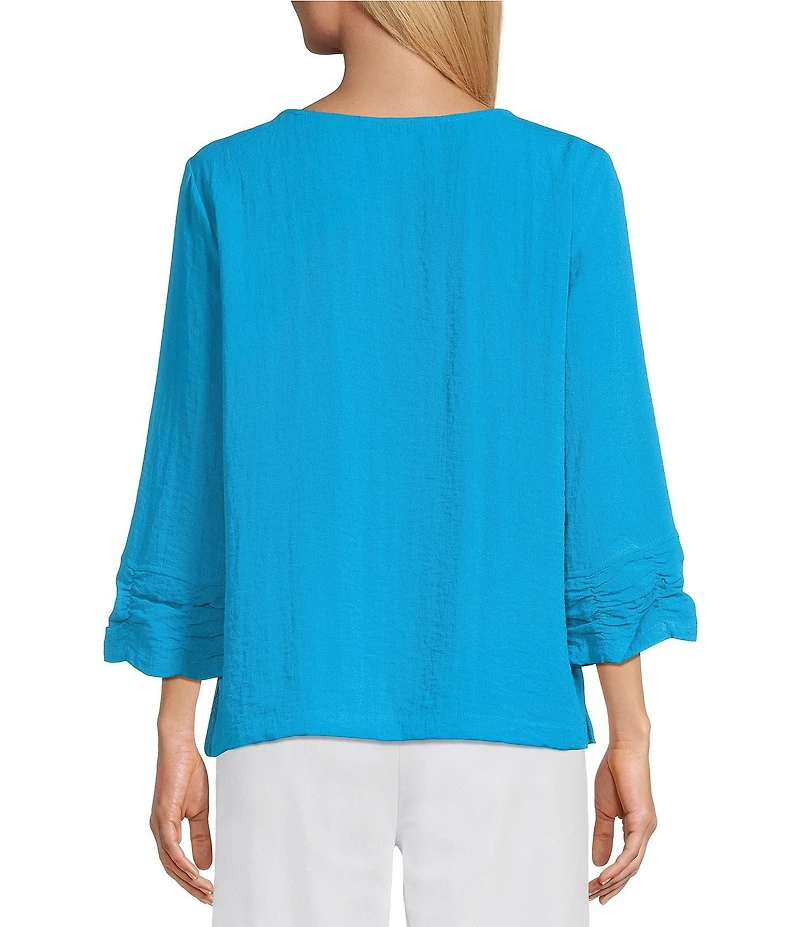 Multiples Crinkle Woven Scoop Neck 3/4 Shirred Detail Top