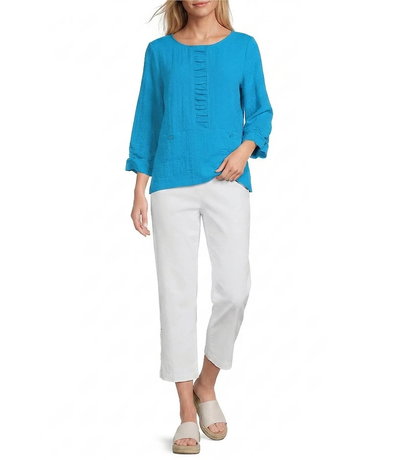 Multiples Crinkle Woven Scoop Neck 3/4 Shirred Detail Top