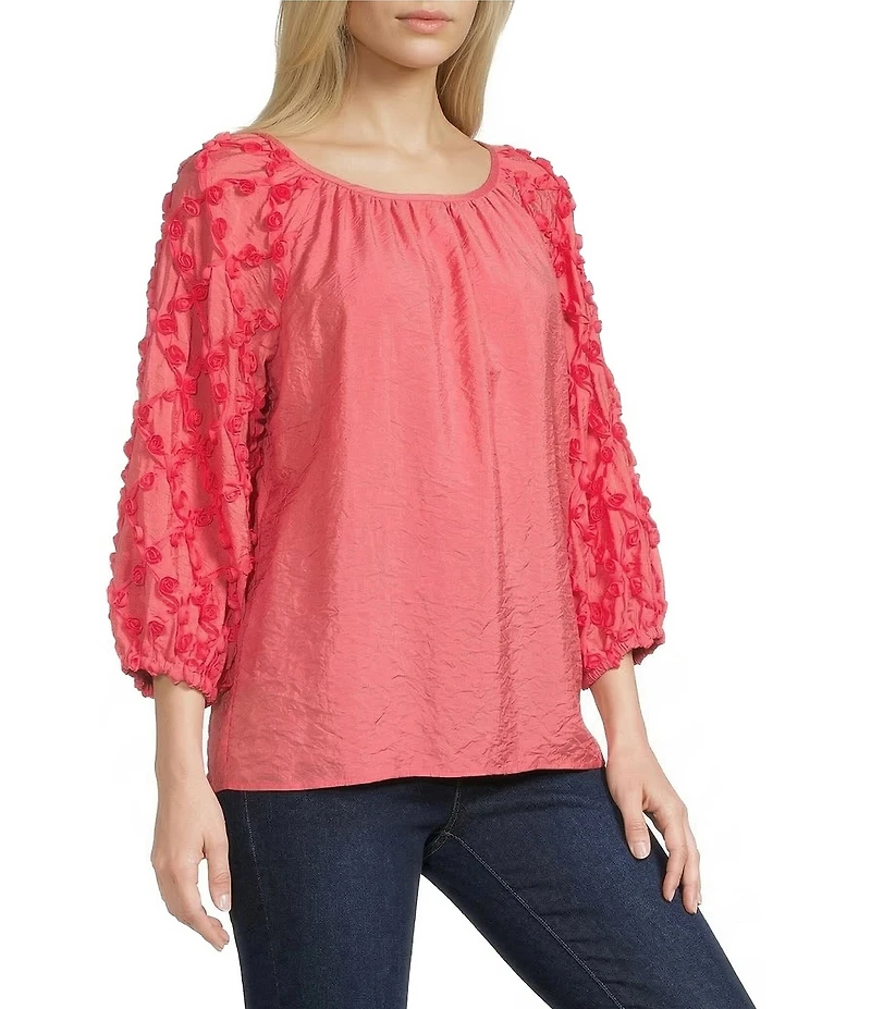 Multiples Crinkle Woven Scoop Neck 3/4 Sleeve Soutache Trim Peasant Top