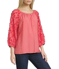 Multiples Crinkle Woven Scoop Neck 3/4 Sleeve Soutache Trim Peasant Top