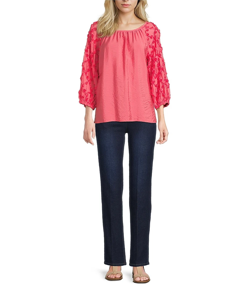 Multiples Crinkle Woven Scoop Neck 3/4 Sleeve Soutache Trim Peasant Top