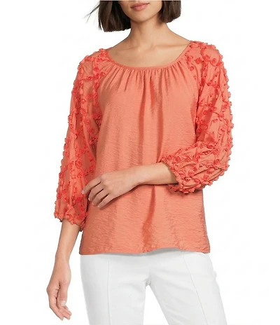 Multiples Crinkle Woven Scoop Neck 3/4 Sleeve Soutache Trim Peasant Top