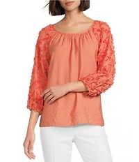 Multiples Crinkle Woven Scoop Neck 3/4 Sleeve Soutache Trim Peasant Top