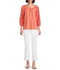 Multiples Crinkle Woven Scoop Neck 3/4 Sleeve Soutache Trim Peasant Top