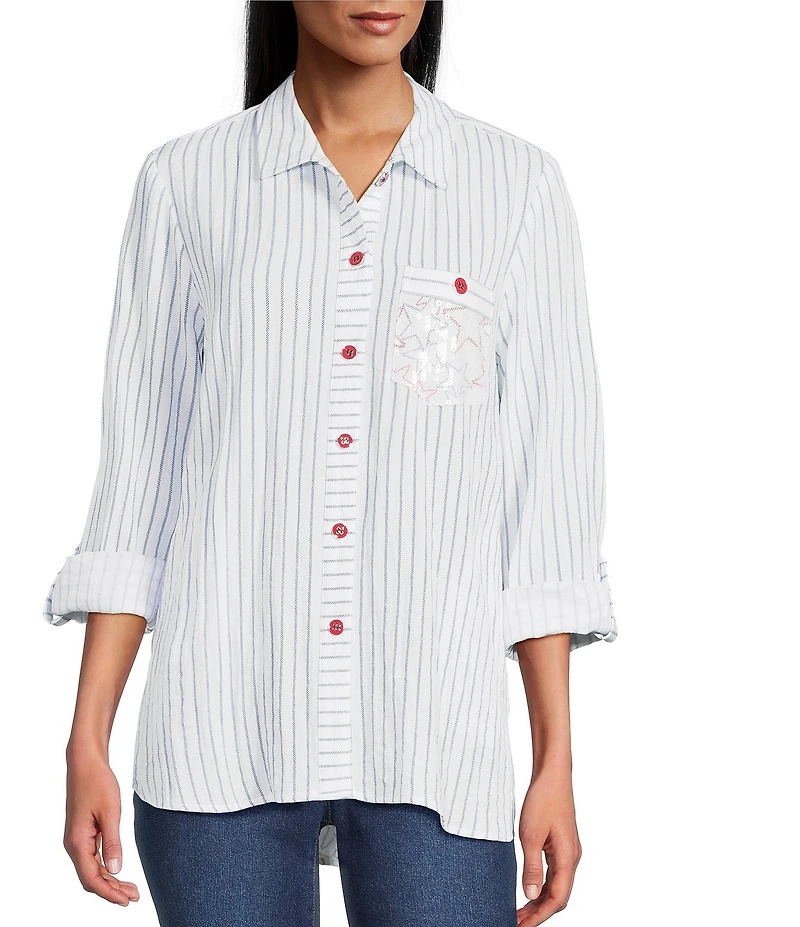 Multiples Crinkle Woven Stars And Stripe Printed Point Collar Long Roll-Tab Sleeve Hi-Low Hem Button Front Shirt