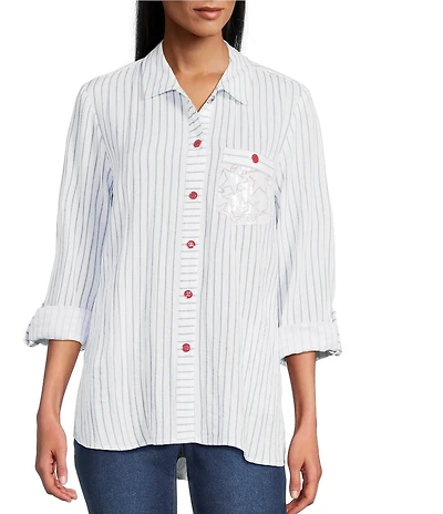 Multiples Crinkle Woven Stars And Stripe Printed Point Collar Long Roll-Tab Sleeve Hi-Low Hem Button Front Shirt