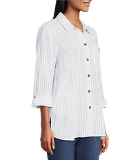 Multiples Crinkle Woven Stars And Stripe Printed Point Collar Long Roll-Tab Sleeve Hi-Low Hem Button Front Shirt