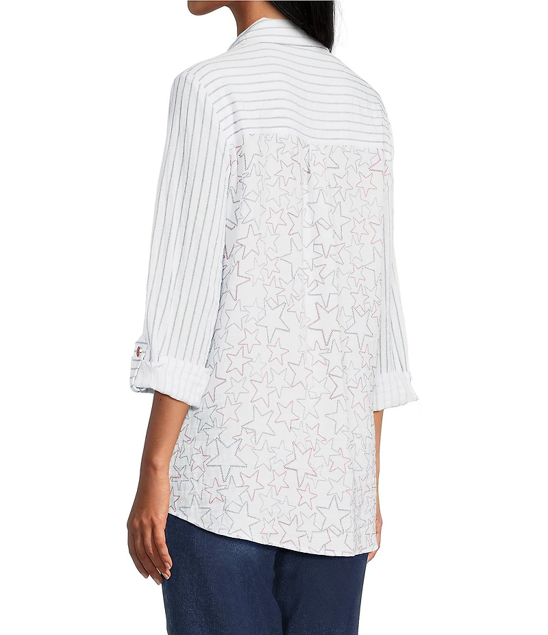 Multiples Crinkle Woven Stars And Stripe Printed Point Collar Long Roll-Tab Sleeve Hi-Low Hem Button Front Shirt