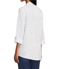 Multiples Crinkle Woven Stars And Stripe Printed Point Collar Long Roll-Tab Sleeve Hi-Low Hem Button Front Shirt