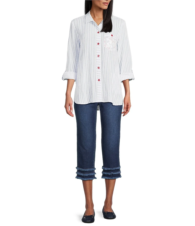 Multiples Crinkle Woven Stars And Stripe Printed Point Collar Long Roll-Tab Sleeve Hi-Low Hem Button Front Shirt