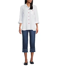 Multiples Crinkle Woven Stars And Stripe Printed Point Collar Long Roll-Tab Sleeve Hi-Low Hem Button Front Shirt