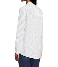 Multiples Crinkle Woven Stars And Stripe Printed Point Collar Long Roll-Tab Sleeve Hi-Low Hem Button Front Shirt