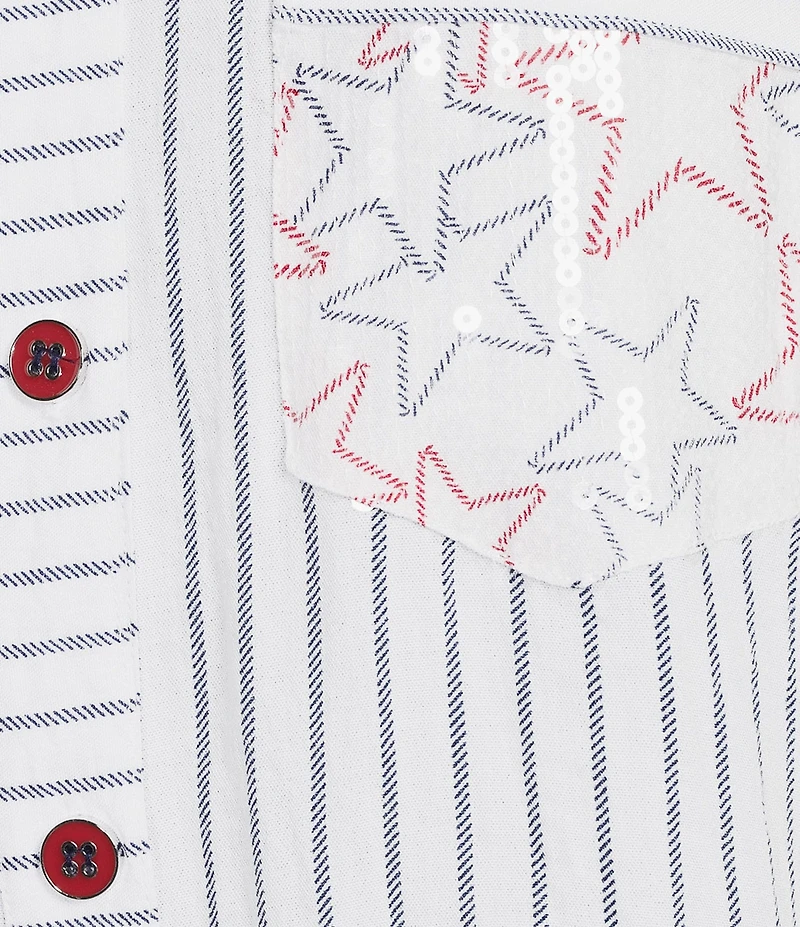 Multiples Crinkle Woven Stars And Stripe Printed Point Collar Long Roll-Tab Sleeve Hi-Low Hem Button Front Shirt