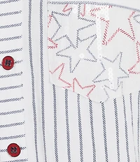 Multiples Crinkle Woven Stars And Stripe Printed Point Collar Long Roll-Tab Sleeve Hi-Low Hem Button Front Shirt