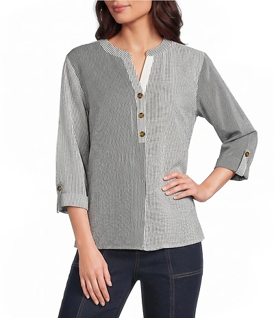 Multiples Crinkle Woven Stripe Y-Neck 3/4 Sleeve Button Front Top