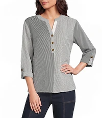 Multiples Crinkle Woven Stripe Y-Neck 3/4 Sleeve Button Front Top