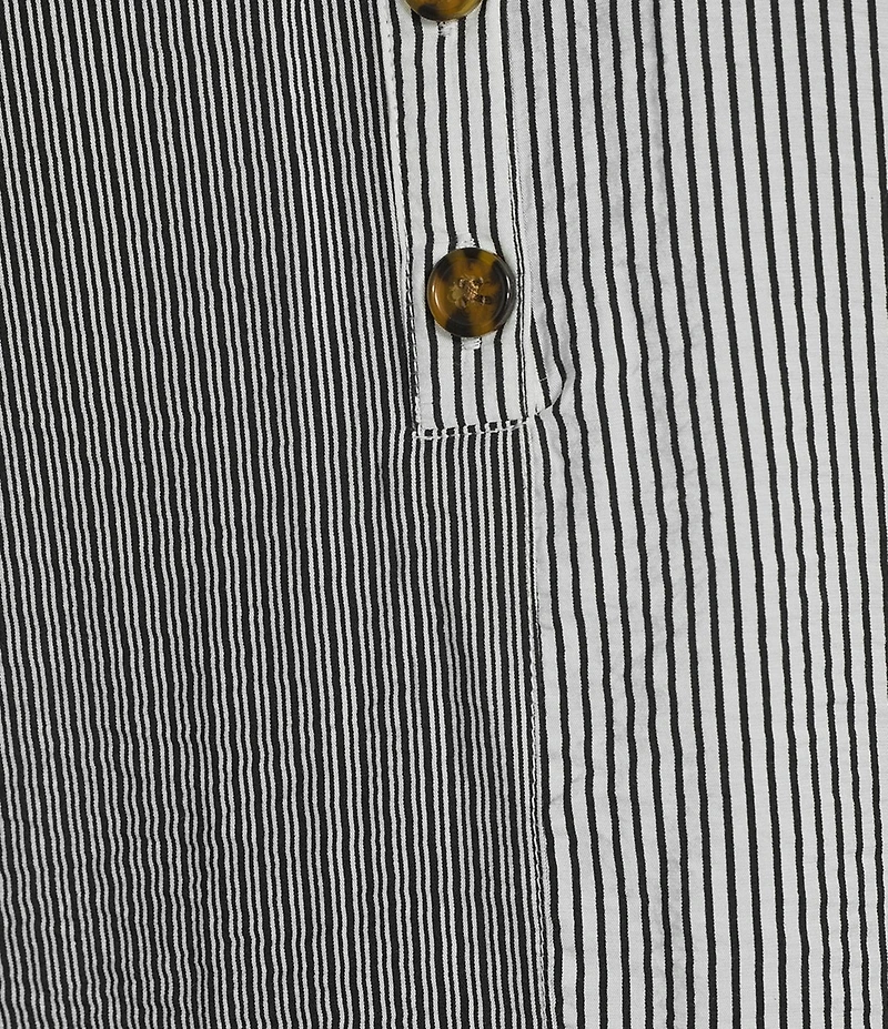 Multiples Crinkle Woven Stripe Y-Neck 3/4 Sleeve Button Front Top