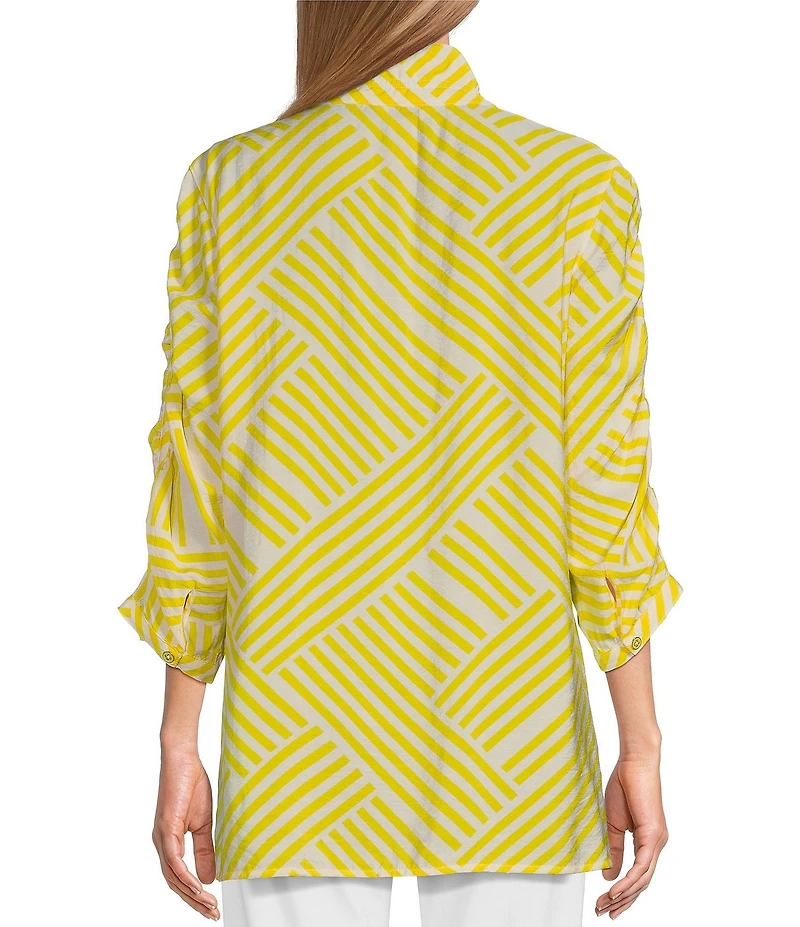 Multiples Crinkle Woven Wire Collar 3/4 Shirred Sleeve Hi-Low Hem Button-Front Shirt