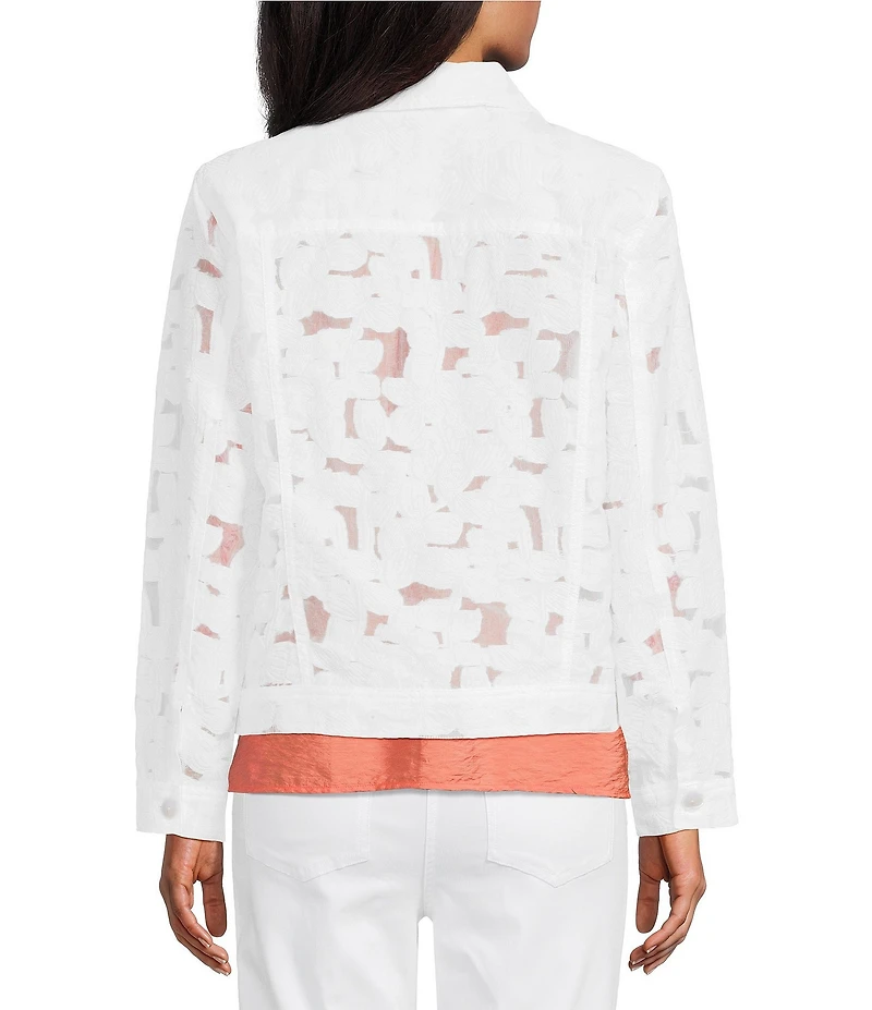 Multiples Denim All Over Embroidered Jacquard Point Collar Long Sleeve Button Front Jacket