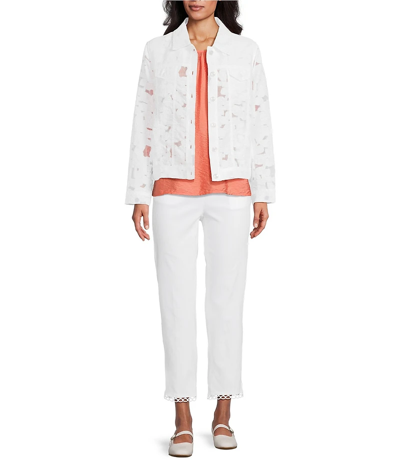 Multiples Denim All Over Embroidered Jacquard Point Collar Long Sleeve Button Front Jacket