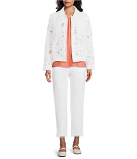 Multiples Denim All Over Embroidered Jacquard Point Collar Long Sleeve Button Front Jacket