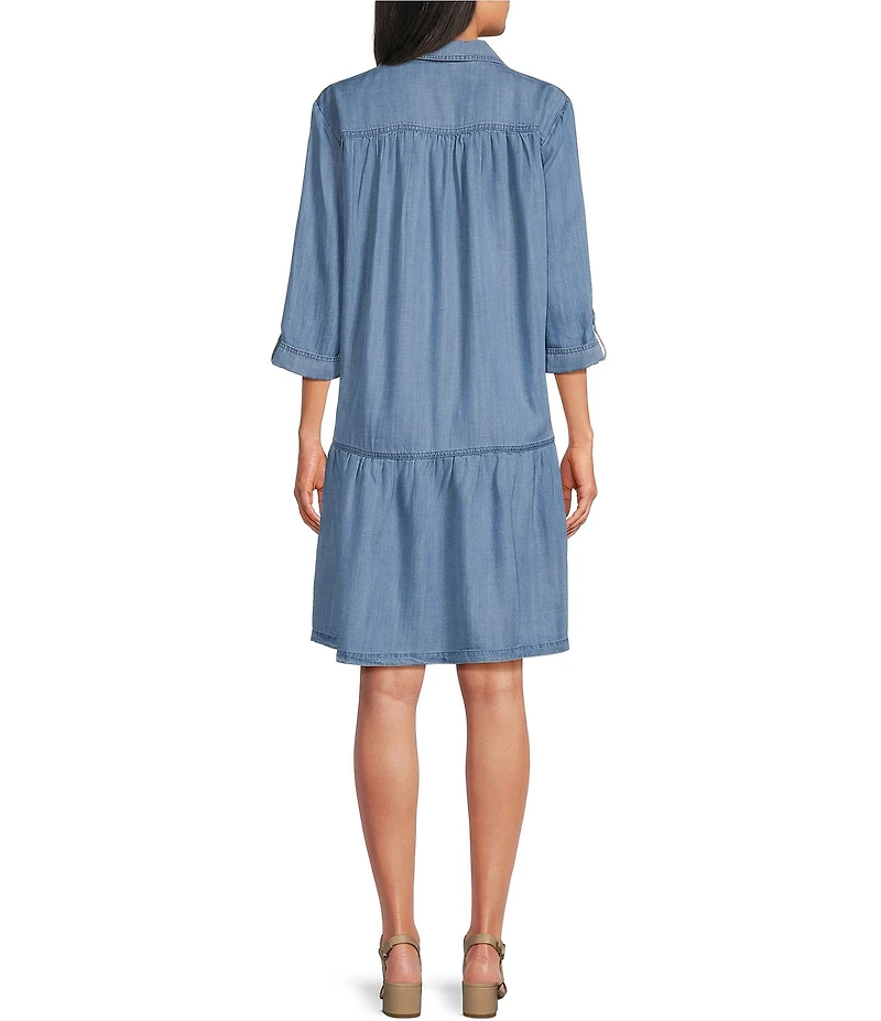 Multiples Denim Point Collar Rolled Tab 3/4 Sleeve Shirt Dress