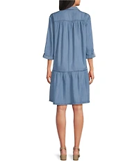 Multiples Denim Point Collar Rolled Tab 3/4 Sleeve Shirt Dress