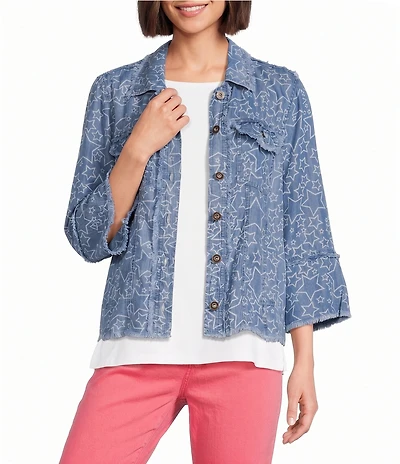 Multiples Denim Print Point Collar 3/4 Flounce Sleeve Button Front Jacket