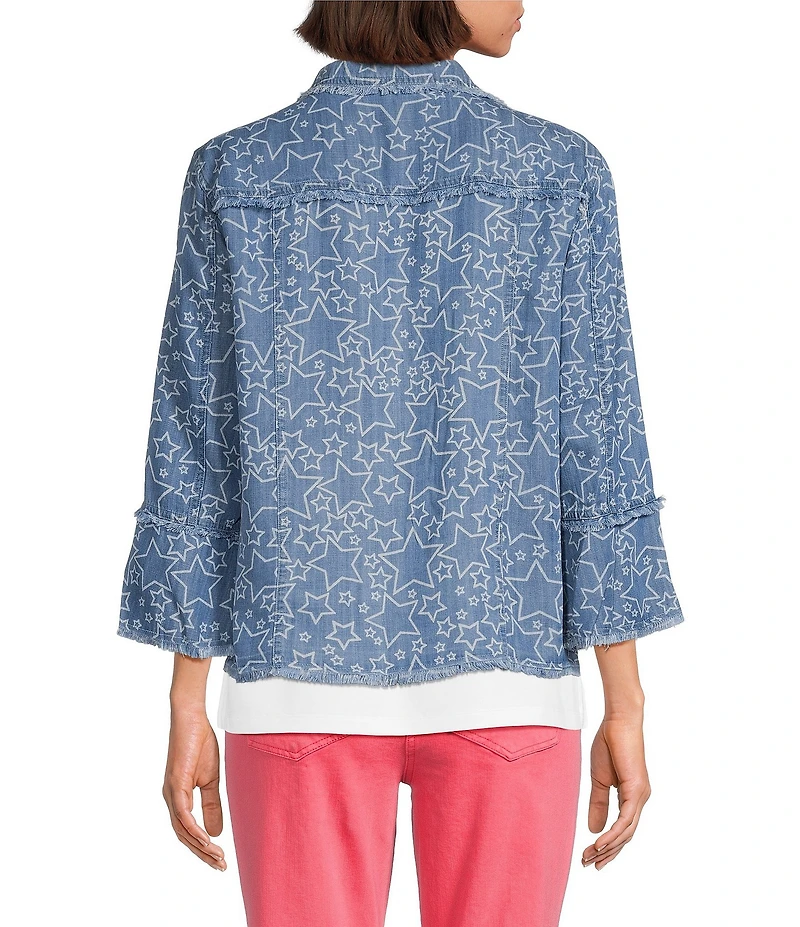 Multiples Denim Print Point Collar 3/4 Flounce Sleeve Button Front Jacket