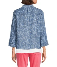 Multiples Denim Print Point Collar 3/4 Flounce Sleeve Button Front Jacket