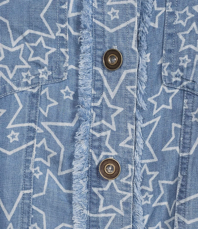 Multiples Denim Print Point Collar 3/4 Flounce Sleeve Button Front Jacket